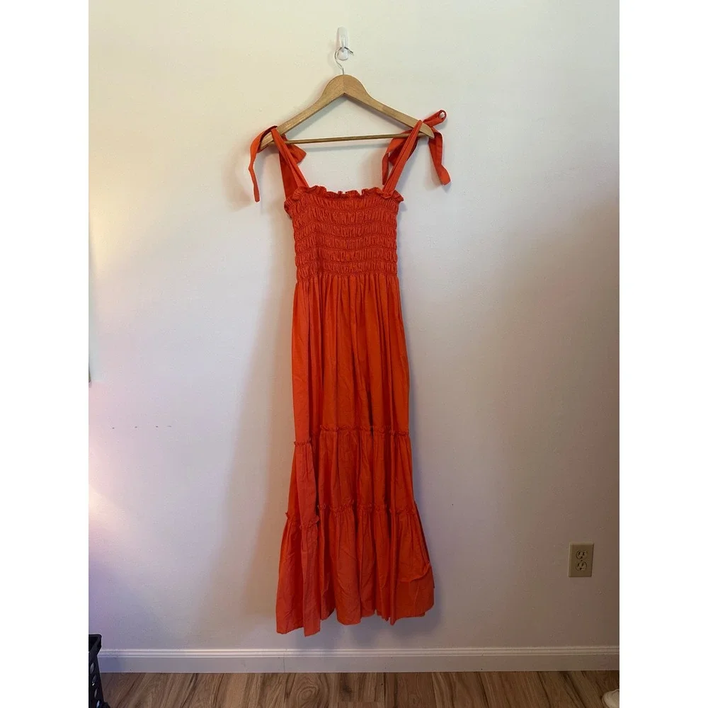 Dynasty George Clementine Maxi Cotton Smocked Dress in Orange | Size XS